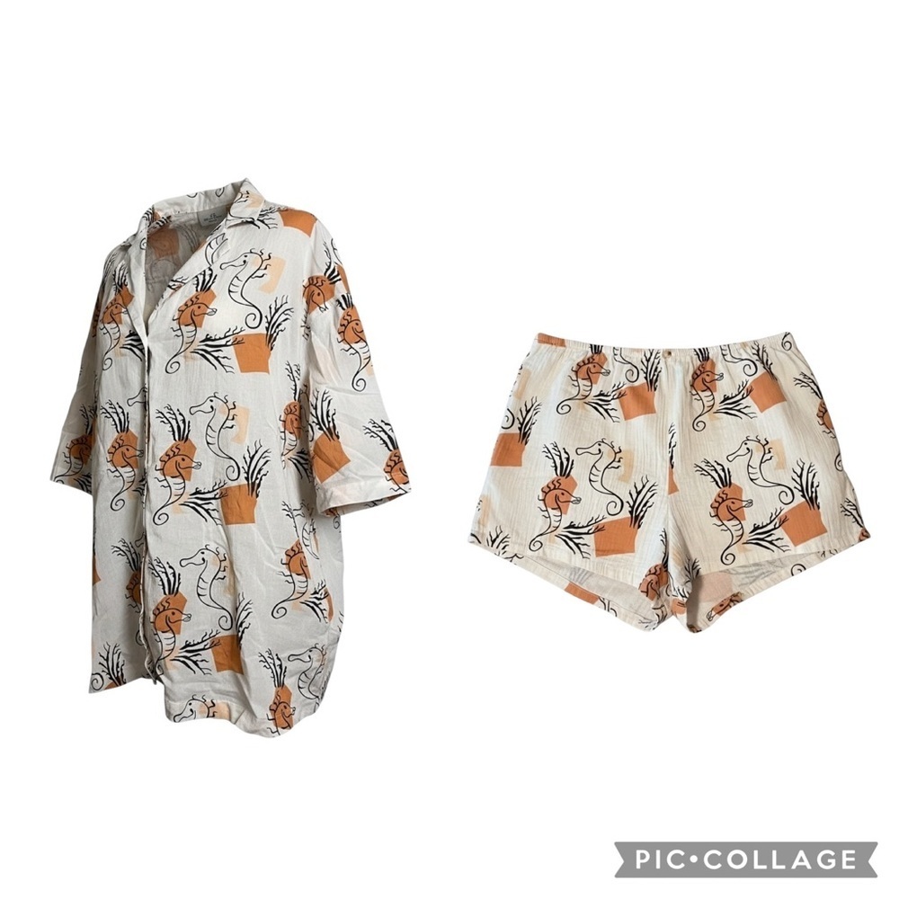 Madewell Cover-Up Camp Shirt in Seahorse Sketch (L) and Gauze Shorts (XL) Pajama